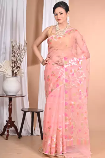 Pink Jamdani silk blend Organza Saree With Blouse Piece