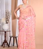 Pink Jamdani silk blend Organza Saree With Blouse Piece