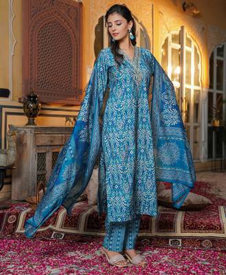 Women blue silk blend ikat printed straight kurta trousers with dupatta 1