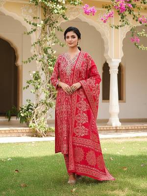 Women red silk blend ikat printed straight kurta trousers with dupatta 1
