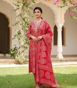 Women red silk blend ikat printed straight kurta trousers with dupatta
