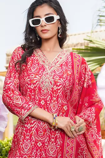 Women red silk blend ikat printed straight kurta trousers with dupatta