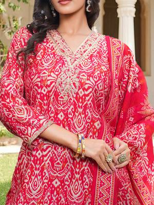 Women red silk blend ikat printed straight kurta trousers with dupatta 2