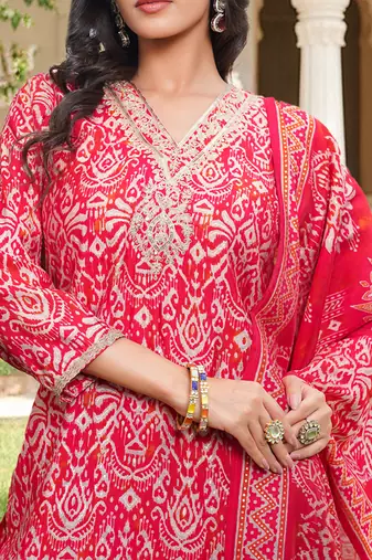 Women red silk blend ikat printed straight kurta trousers with dupatta