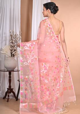Pink Jamdani silk blend Organza Saree With Blouse Piece 3