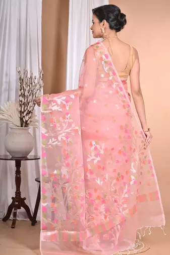 Pink Jamdani silk blend Organza Saree With Blouse Piece