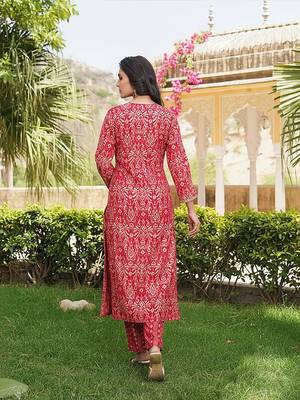 Women red silk blend ikat printed straight kurta trousers with dupatta 4