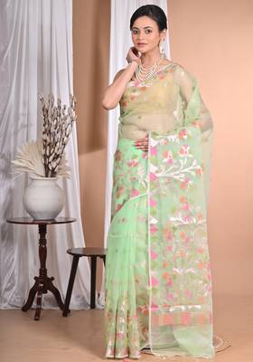 light green Jamdani silk blend Organza Saree With Blouse Piece 1
