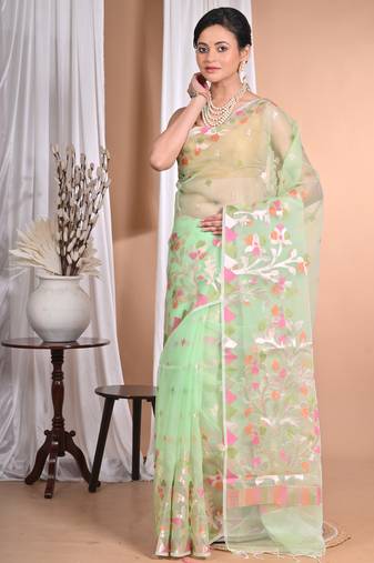 light green Jamdani silk blend Organza Saree With Blouse Piece