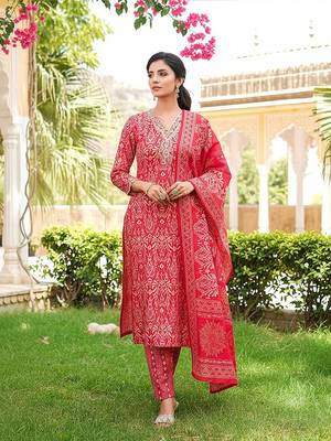 Women red silk blend ikat printed straight kurta trousers with dupatta 5