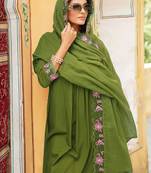 Women green viscose rayon solid embroidered straight kurta trousers with dupatta
