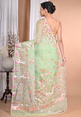 light green Jamdani silk blend Organza Saree With Blouse Piece 3