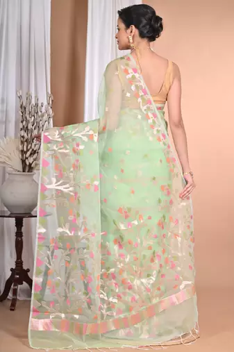 light green Jamdani silk blend Organza Saree With Blouse Piece