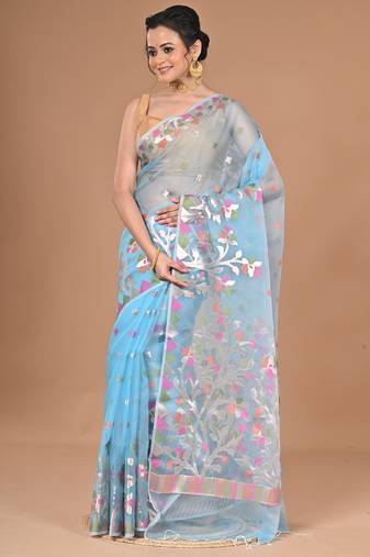 blue Jamdani silk blend Organza Saree With Blouse Piece