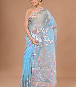 blue Jamdani silk blend Organza Saree With Blouse Piece