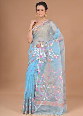 blue Jamdani silk blend Organza Saree With Blouse Piece 2