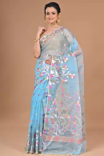 blue Jamdani silk blend Organza Saree With Blouse Piece