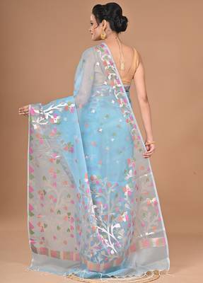 blue Jamdani silk blend Organza Saree With Blouse Piece 3
