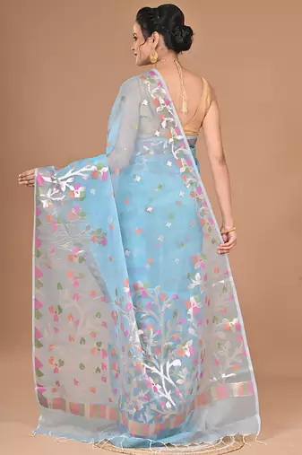 blue Jamdani silk blend Organza Saree With Blouse Piece