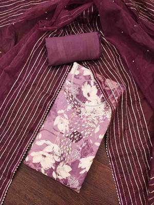 Purple cotton silk print handwork unstitched dress material 2