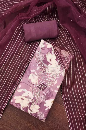 Purple cotton silk print handwork unstitched dress material