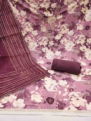 Purple cotton silk print handwork unstitched dress material 3