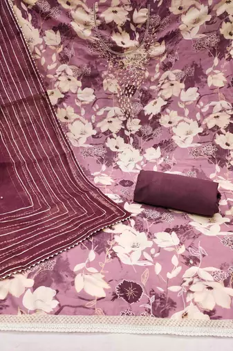 Purple cotton silk print handwork unstitched dress material