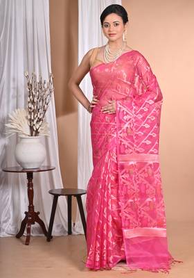 rani pink Jamdani silk blend Organza Saree With Blouse Piece 1