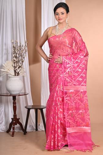 rani pink Jamdani silk blend Organza Saree With Blouse Piece