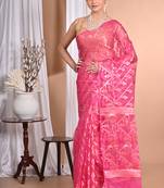 rani pink Jamdani silk blend Organza Saree With Blouse Piece