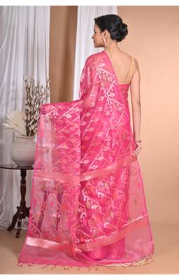 rani pink Jamdani silk blend Organza Saree With Blouse Piece 2