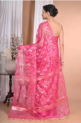 rani pink Jamdani silk blend Organza Saree With Blouse Piece
