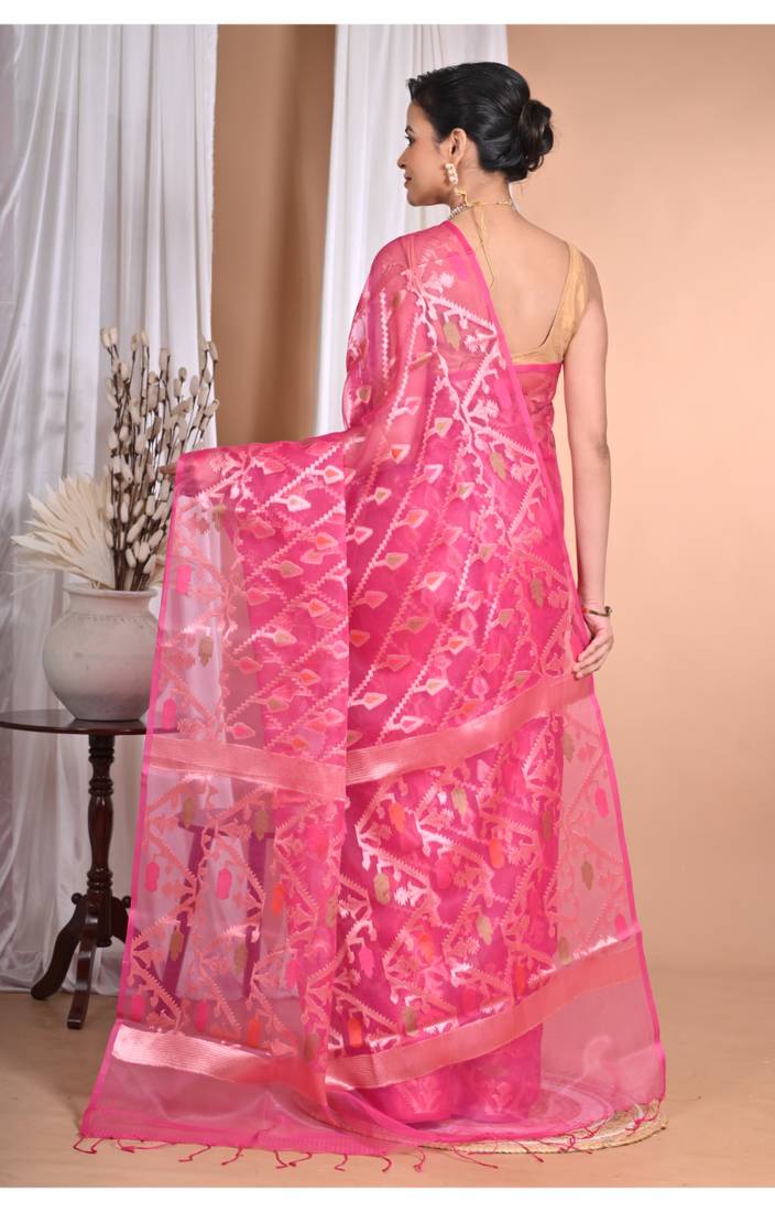 rani pink Jamdani silk blend Organza Saree With Blouse Piece