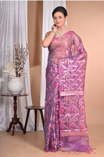 wine Jamdani silk blend Organza Saree With Blouse Piece