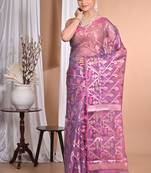 wine Jamdani silk blend Organza Saree With Blouse Piece