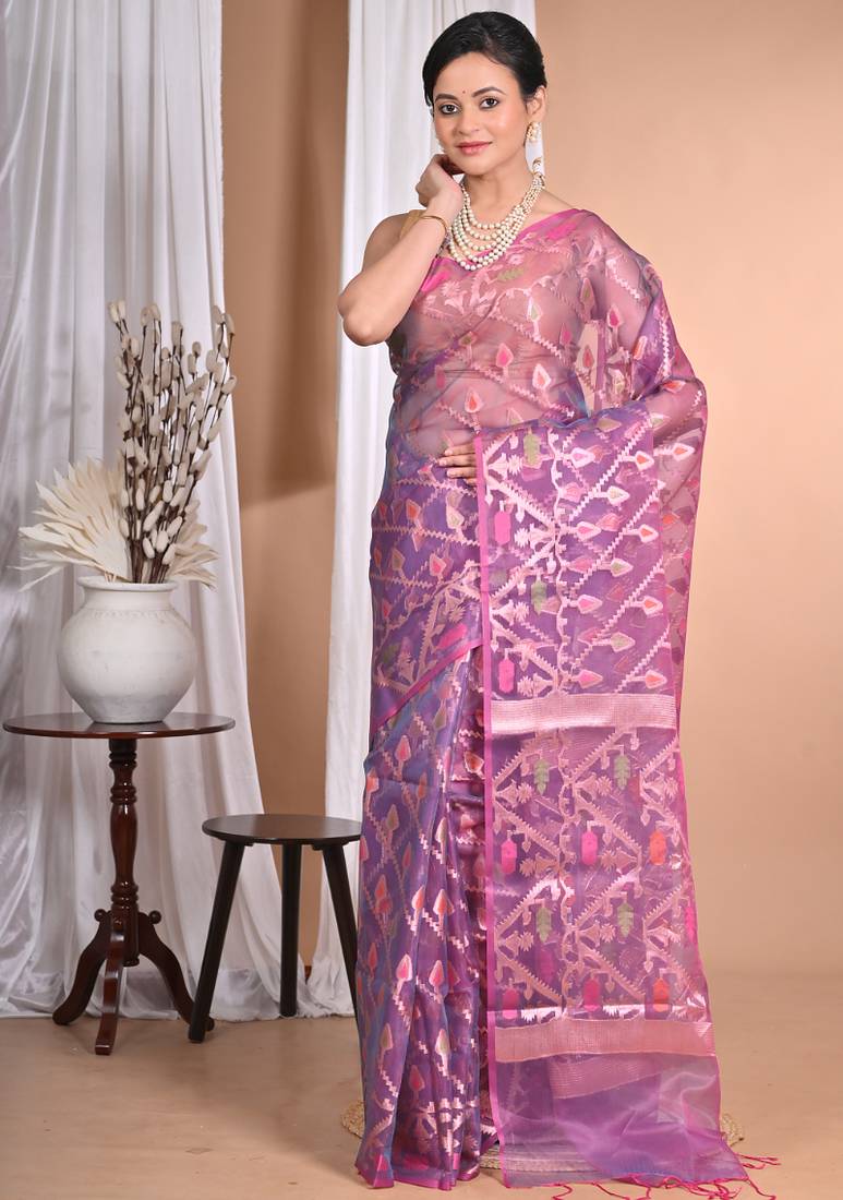 wine Jamdani silk blend Organza Saree With Blouse Piece