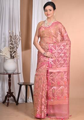 orange Jamdani silk blend Organza Saree With Blouse Piece 1