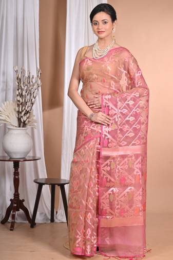 orange Jamdani silk blend Organza Saree With Blouse Piece