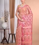 orange Jamdani silk blend Organza Saree With Blouse Piece