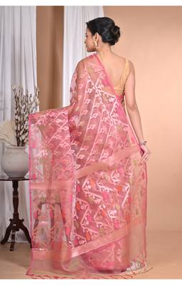 orange Jamdani silk blend Organza Saree With Blouse Piece 2