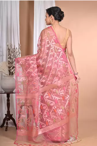 orange Jamdani silk blend Organza Saree With Blouse Piece