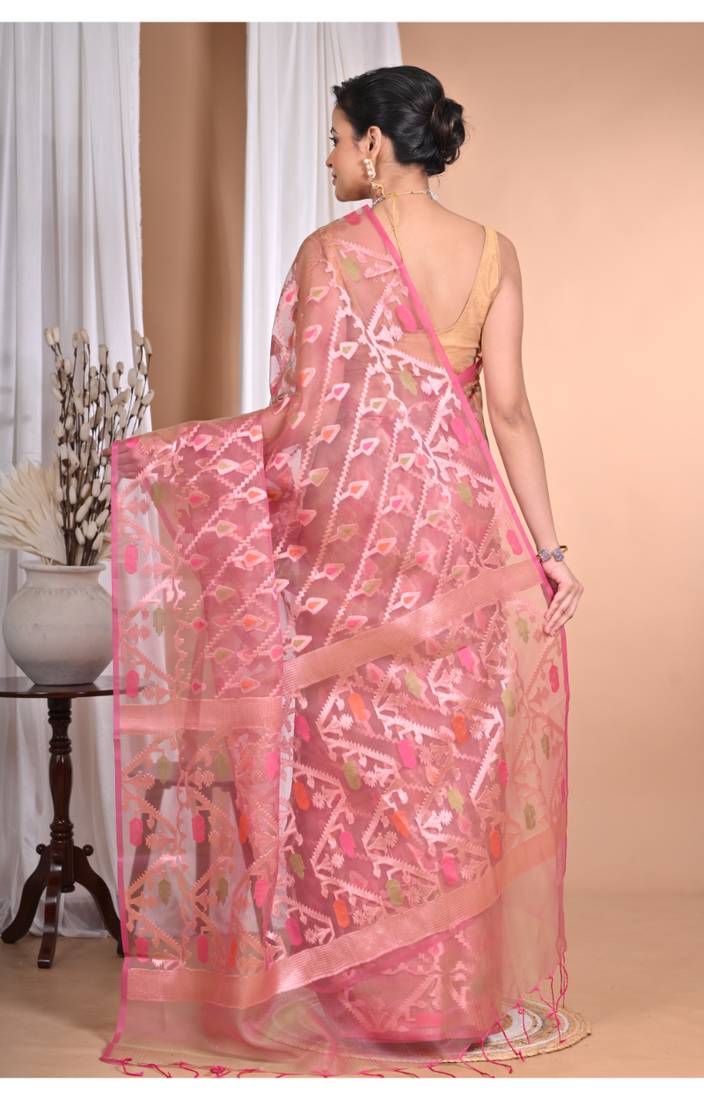 orange Jamdani silk blend Organza Saree With Blouse Piece