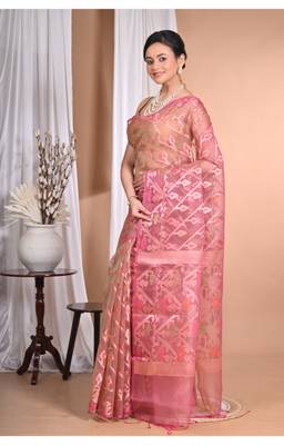 orange Jamdani silk blend Organza Saree With Blouse Piece 3