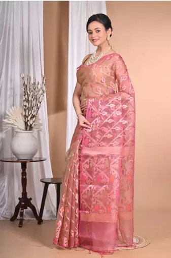 orange Jamdani silk blend Organza Saree With Blouse Piece
