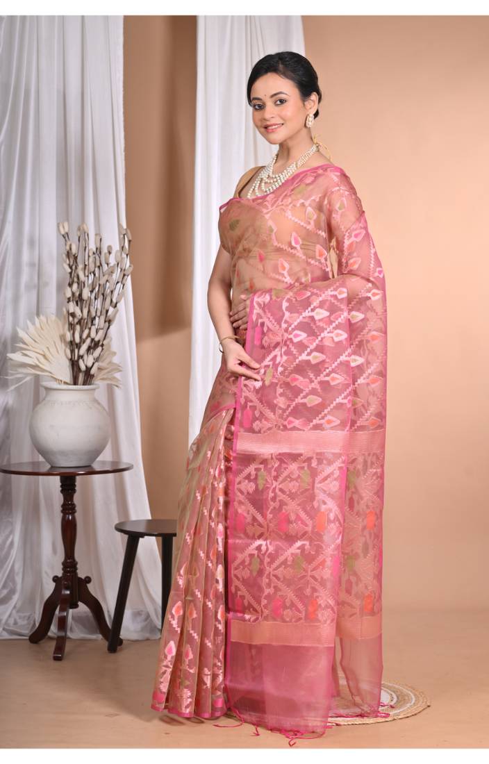 orange Jamdani silk blend Organza Saree With Blouse Piece