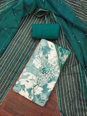 Teal cotton silk print handwork unstitched dress material 2