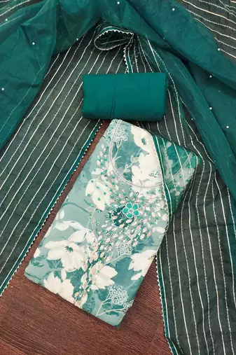Teal cotton silk print handwork unstitched dress material