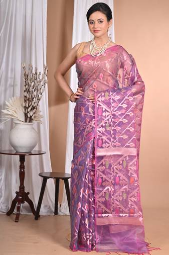 purple Jamdani silk blend Organza Saree With Blouse Piece