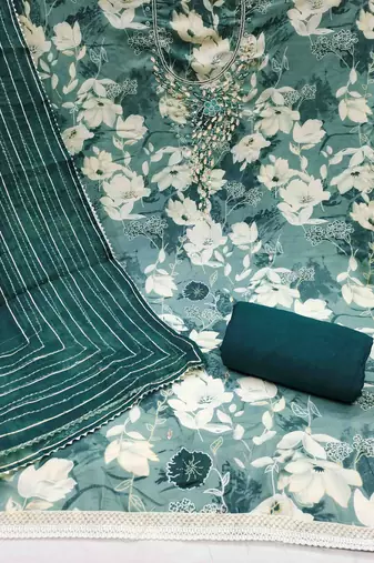 Teal cotton silk print handwork unstitched dress material