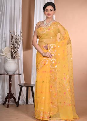 yellow Jamdani silk blend Organza Saree With Blouse Piece 1